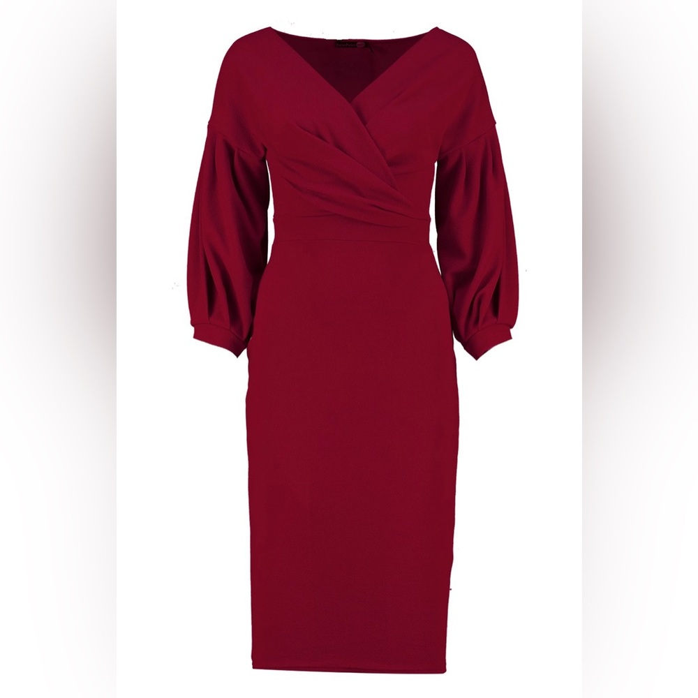 BOOHOO RECYCLED OFF THE SHOULDER WRAP MIDI DRESS